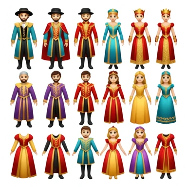 create a series of images for Theatre costumes Inventory showing a variety of costume styles without a person sticker