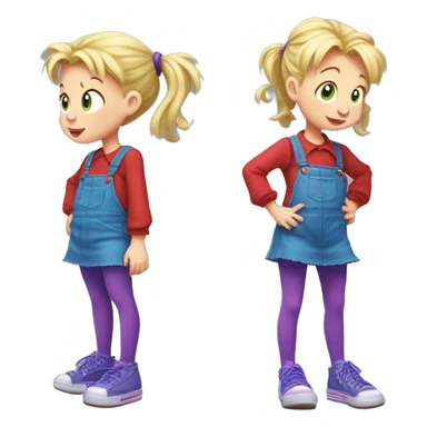 A little blonde girl with pigtails and little purple bows wearing a red long-sleeved shirt and purple overalls skirt with blue tights with green polka dots and purple sneakers, full body, rugrats sticker