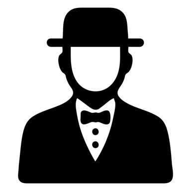 man in a vintage black and white suit, no facial hair, solid filled icon sticker