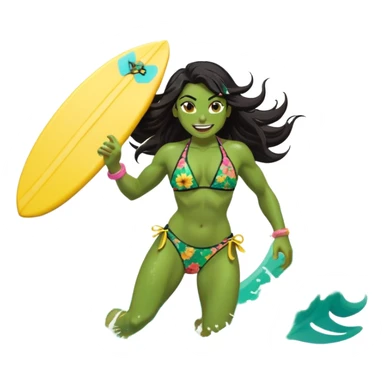 ork female holding small yellow bodyboard, running through shallow turquoise waves, muscular green body, bright floral bikini, fierce joyful grin showing tusks, long wet dark hair splashing, foam and spray, minimalist beach and ocean background, centered emoji, vibrant summer colors, sticker style sticker