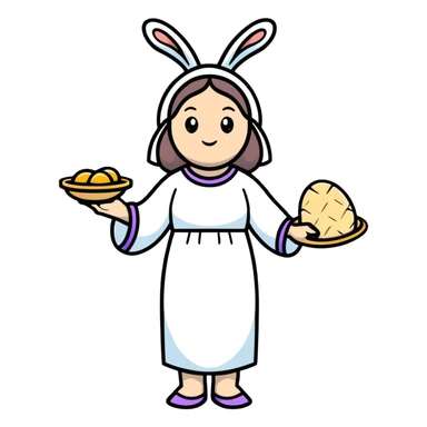 Feminine spring goddess Eostre with halo, Easter bunny, and Passover matzo symbols combined in one harmonious design sticker