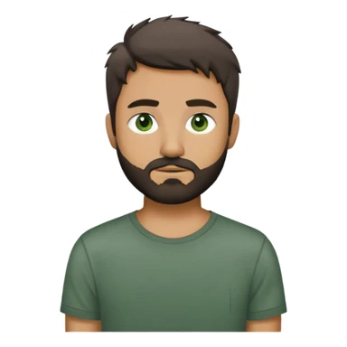 man with dark messy short hair, dark green eyes, gray T-shirt, and short beard sticker