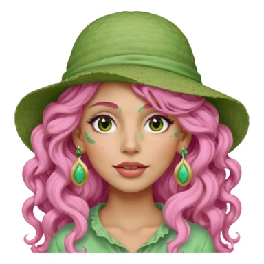 pink haired very long curly haired woman with full full face light green clay mask  and big earrings and hat with full face clay mask sticker