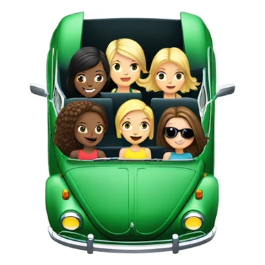 Two Caucasian blonde girls plus two Caucasian brunette girls in a green VW beetle convertible sticker