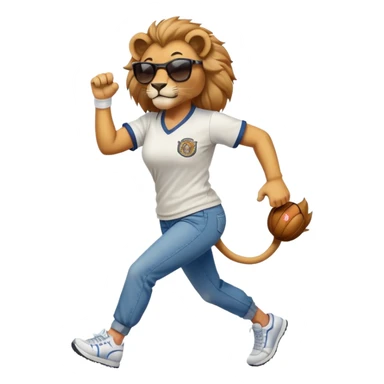 friendly anthropomorphised female lion wearing a baseball shirt, jeans, trainers, dark sunglasses, jogging upright, dominant confident expression sticker