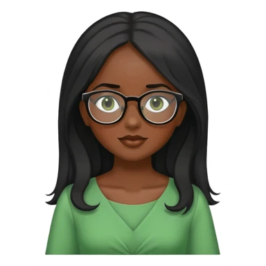 Genera a una chica morena de piel con pelo negro y largo y lentes con vestido verde. sticker