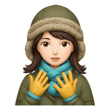 Brunette woman bundled up with parka, hat, scarf, and glvoes. The scarf covers her face  sticker