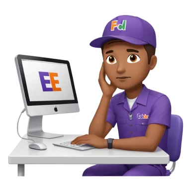 emoji of a man sitting at the table with an imac on it, a man is sitting in a very thoughtful pose, he has his hands on the table and his head resting on themб he look into the screen of imac, he is dressed in FedEx delivery uniform sticker