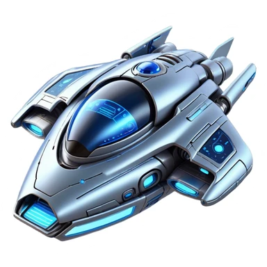 Design a highly detailed and futuristic spaceship with a realistic and technologically advanced appearance. The ship should have an aerodynamic yet robust structure, featuring shiny metallic panels, glowing blue neon lights, and intricate mechanical details. Incorporate elements that suggest a 'face' or expression, such as a 'visor' or 'mask' on the front, with lights resembling eyes and a shape that evokes a smile or friendly gaze. The spaceship should convey a sense of artificial intelligence, as if it were a conscious entity. Add organic design touches, like smooth curves and details that suggest movement or life. The background should be outer space, with stars and a distant planet illuminated by soft light. sticker