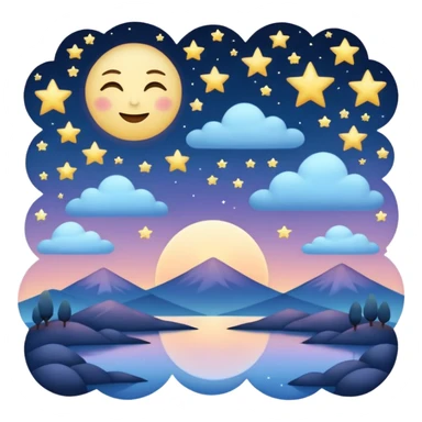 "Design a calming emoji for evening reflection. Soft moonlight, gentle stars, peaceful twilight sky, or spiritual symbols. No people - emphasize tranquil colors, night sky elements, and serene spiritual imagery." sticker