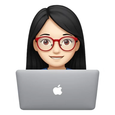 filipino long hair black fair skin with red eyeglasses freelancer with MacBook, smiling. sticker