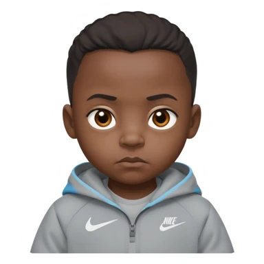 a little black baby with serious facial expression wearing a gray nike tech sticker