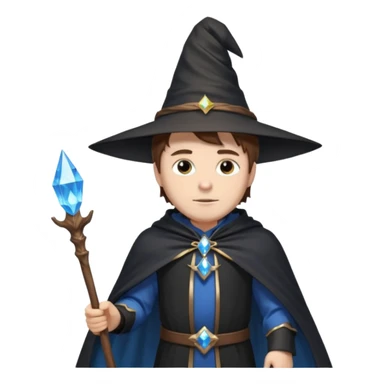 A white-skinned man with brown hair stands in sharp black clothing. He wears a pointed wizard hat and cape, holding a wooden staff crowned with a glowing blue crystal. His calm expression and steady posture suggest quiet mastery and a blend of magic, mystery, and modern elegance. sticker