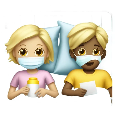 Two blonde children, sick, each in their own bed, wearing surgical masks, one Boy, one girl, at home, get well soon sign with yellow heart sticker
