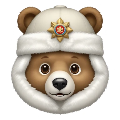 Friendly bear face with white fluffy ushanka hat with prominent Russian emblem in the middle, iOS emoji style sticker