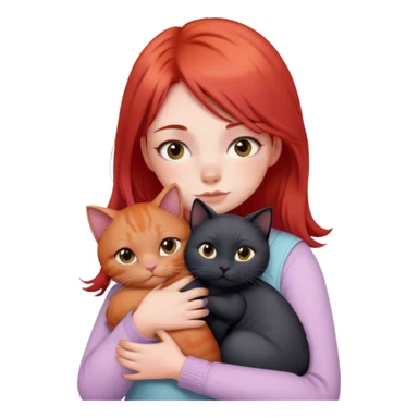 
a girl with red hair in pastel clothes hugs a black British cat sticker