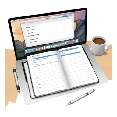 online booking system on MacBook screen next to an old-style paper notebook with a pen, both fully visible, no background, no cut-off edges sticker