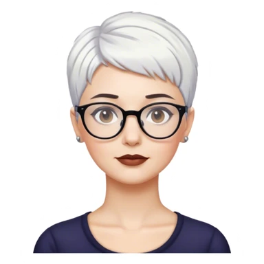 White woman with short pixie cropped white hair glasses, dark brows sticker