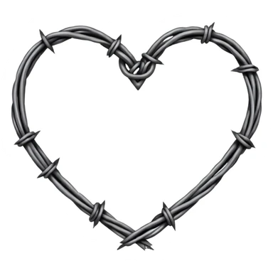 Minimal black line art heart made from barbed wire, hand-drawn sketch look, uneven ink strokes, 6–7 barbs with twisted knots, simple clean outline, centered on plain white background, high contrast sticker