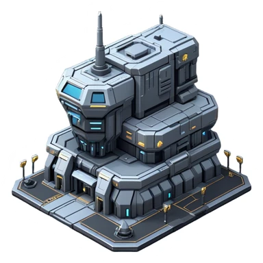 StarCraft-inspired, isometric RTS building with a rugged Terran look: thick metal plating, rivets, subtle wear, and a gunmetal palette plus one accent color. Add minimal glowing panels for a high-tech feel. Keep it compact—like a forward outpost—and show it from a clean isometric angle, emphasizing an industrial sci-fi style and clear silhouette. sticker