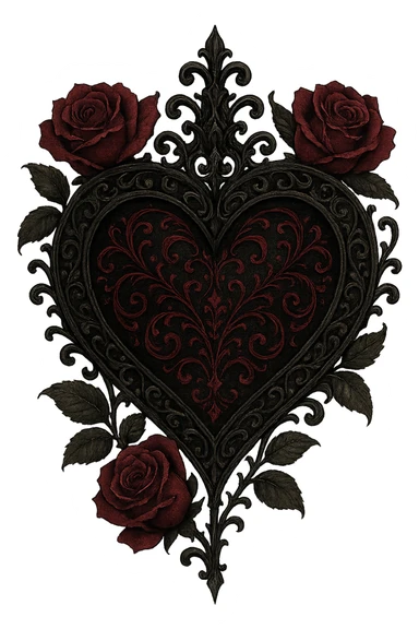 romantic goth heart with roses, gothic style, black and deep red, ornate sticker