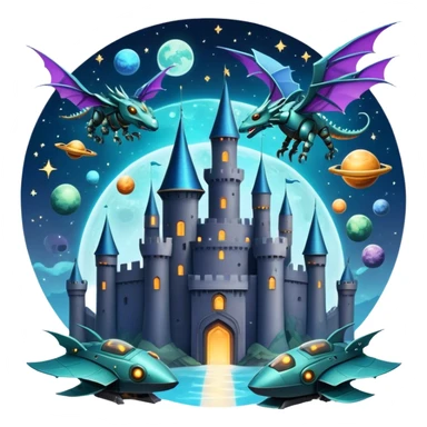 Icon for Fantasy and Sci-Fi Movies: A magical collage with flying dragons. futuristic spaceships and UFOs. Stars and planets shimmer in the background with a mystical castle Hogvards an ancient wizard and robots. The atmosphere is epic, otherworldly and adventurous. Transparent background. sticker