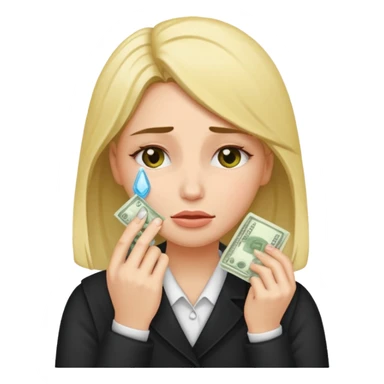 Woman wiping her tears away with cash  sticker