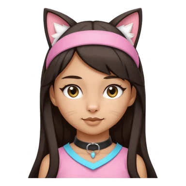 woman with medium skin tone and long straight dark hair, wearing kitten play gear including cat ears headband and collar sticker