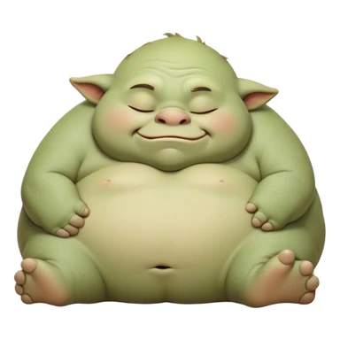Meme-Worthy Cute Sleeping Ogre Portrait Emoji, with a surprisingly endearing, plump figure in soft earthy greens and browns, head drooping gently with closed, relaxed eyes and a content, sleepy grin, simplified yet adorably detailed, glowing with a soft warm outline that captures the peaceful slumber of a friendly ogre after a day of gentle mischief! sticker