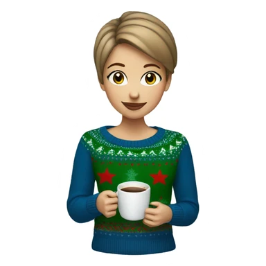 Light brown short haired girl with green eyes drinking coffee wearing blue Christmas sweater sticker