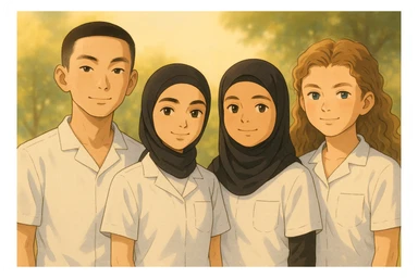Four nursing students standing side by side in a warm atmosphere, styled in Ghibli. They wear white short-sleeve uniforms without collars, no undershirts or stethoscopes. Tops are medical tunics with V-necks and a chest pocket on the left side. Faces and attitudes inspired by the four provided photos, with a different composition. sticker