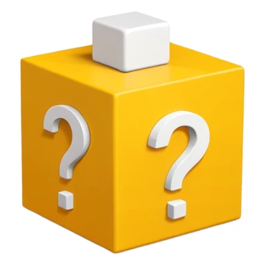  yellow cube shaped box over stuffed with white question mark cubes sticker