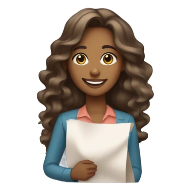 "Young woman with medium brown skin tone, long wavy hair, big sparkling eyes, a radiant smile, wearing a stylish outfit. She is holding a sheet of paper with charts and statistics in the other, looking very beautiful and adorable." sticker