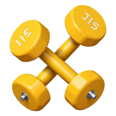 Generate a high-quality image of two cute, small yellow dumbbells for home workouts stacked in a cross shape on a plain white background, roun
 sticker