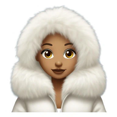 Tanned Girl with lashes , platinum blonde hair, in an extremely big fluffy oversized white fur coat with hood on. The fur is real and it’s very obvious big and fluffy like in Pinterest  sticker