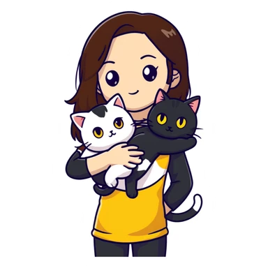 Brown straight-haired girl with black top, white cat with yellow eyes, and calico cat sticker
