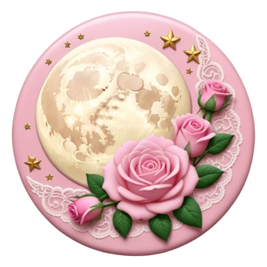 A round pink button with light cream damask lace, a full moon and stars and pink roses sticker