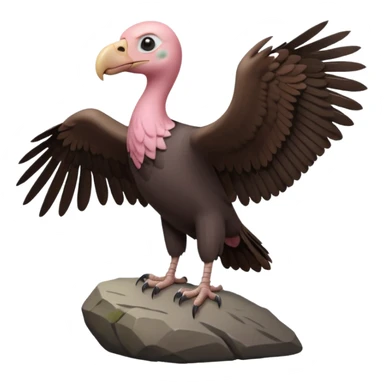 a vulture — large bird with dark brown feathers, bald pinkish head, curved beak and sharp eyes — standing proudly on a rock — wings slightly open — realistic yet cute cartoon emoji look, clean lighting, soft shadows. sticker