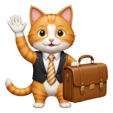happy cat with a striped tie and briefcase, waving sticker