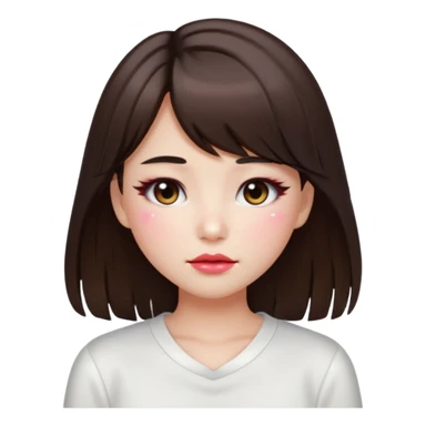 “japanese style Emoji brunette girl long hair with side bangs white top, dewy skin, heavy blush across cheeks and nose bridge, glossy cherry lips, soft eyeliner, teary sparkling eyes sticker