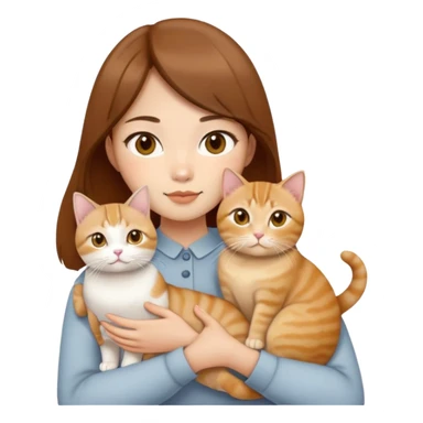 Asian girl, brown hair, brown eyes skin tone almond holding three cats one ginger, one yellow white one British short hair cream colour sticker