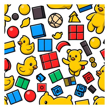 Colorful toys scattered together - teddy bear, rubber duck, toy blocks, ball, and action figures sticker
