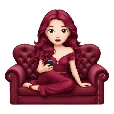 Beautiful Girl with long burgundy wavy hair sitting on Luxury style couch, watching tv sticker