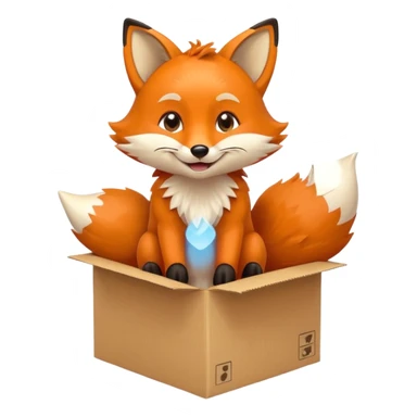 cheerful fox sitting in a box, looking up playfully, emoji style sticker