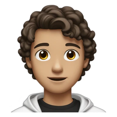 a teenager boy with big brown eyes and middle parted long coiled brown hair, wearing a black t-shirt with white airpods sticker