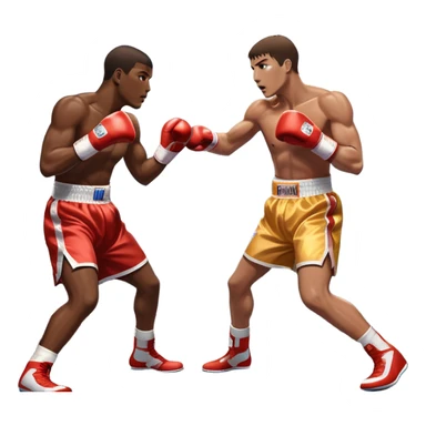 Two professional boxers in the ring, fighting for the world champion title. One delivers a long punch to the head, while the other skillfully dodges. The background features a crowded arena with bright lights and intense action. Transparent background sticker