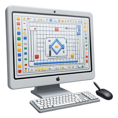 Emoji for Game Design: computer screen with Professional game interface, 3D models, pixel art, and design tools like grid, wireframe, and stylus. Symbolizes the technical and creative process of game development. Transparent background. sticker