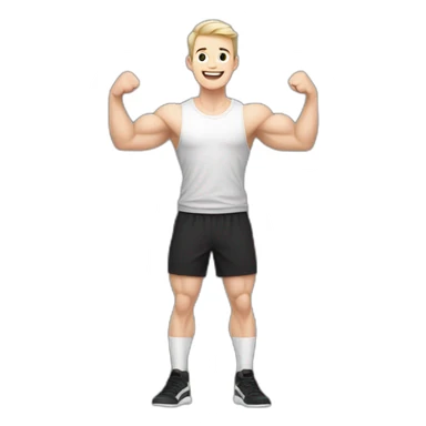 Joyful Celebrating victory Pale skinned Fit Man With the biceps and dark brown hair in black shirt, gray sports shorts and white Sneakers sticker