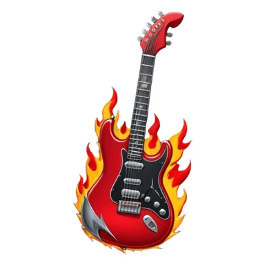 Create a bold and powerful emoji representing rock vocal performance in a humanless collage. The design should feature a vintage microphone at the center, surrounded by a heavy, aggressive hardcore electric guitar with sharp, jagged edges. Include crossed drumsticks behind the guitar, symbolizing the intense rhythm of rock music. Add fiery elements like flames or lightning bolts to enhance the raw energy of the design. Use dark, bold colors like black, red, and silver, with metallic or chrome accents to reflect the rebellious, hard-hitting nature of rock. The background should be transparent. sticker