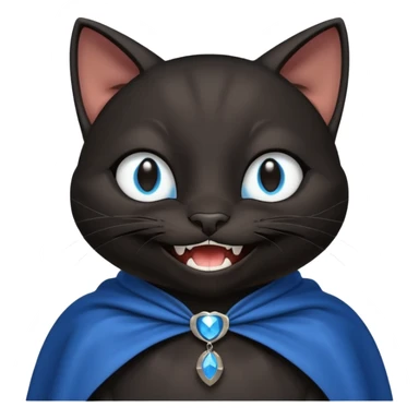 an all black anthropomorphic cat with blue eyes wears an all black cape and is smiling a mischievous sharp tooth grin sticker